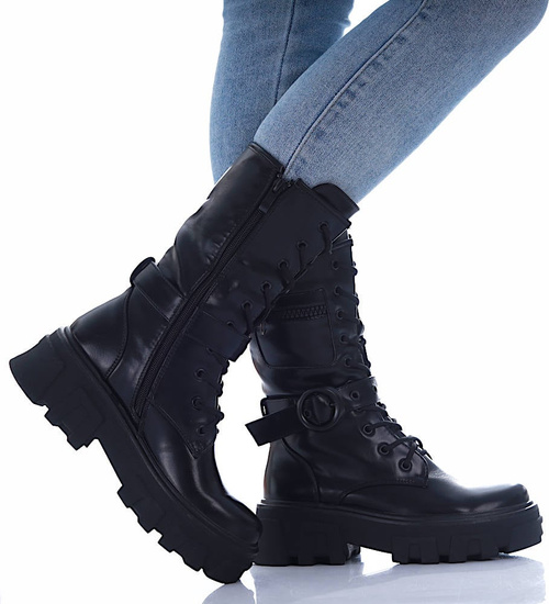 Wiązane glany trapery na platformie Czarne /B3-1 17018 T312/