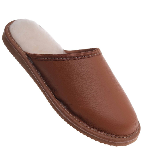 Skórzane brązowe kapcie damskie z wełną /C6-1 12796 S196/