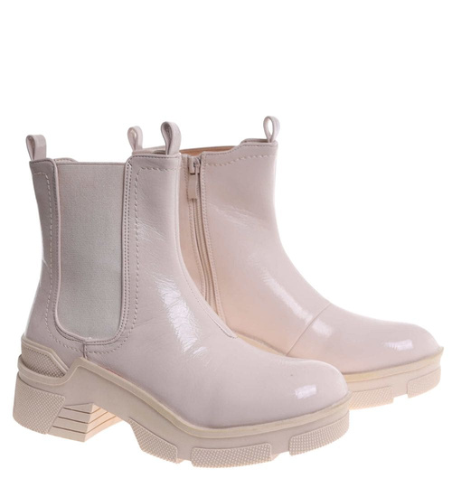 Beżowe botki sztyblety na płaskim grubym obcasie /F5-3 18594 T177/