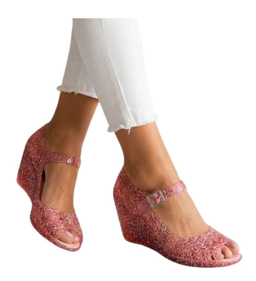 Plażowe sandały meliski na koturnie Ciemny Róż otwarte /H2 14569 T890/