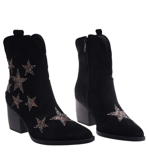 Czarne botki damskie na klocku /E5-3 18316 T482/