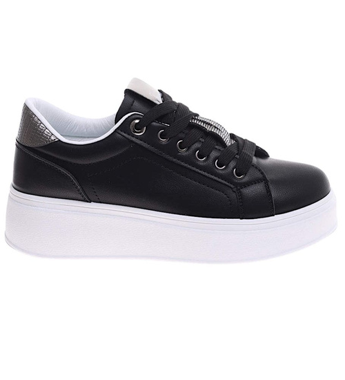 Czarne sznurowane damskie trampki na platformie /F6-2 16234 G360/