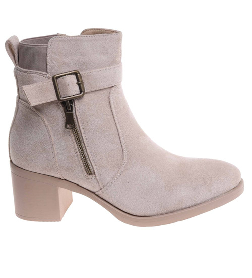 Beżowe ocieplane botki damskie na obcasie /F3-1 18379 W282/