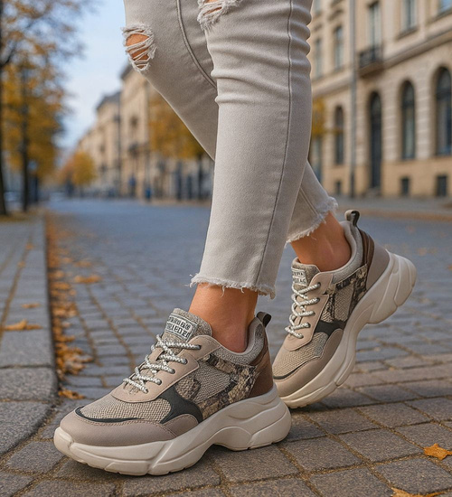 Beżowe buty sportowe z wiązaniami /D8-3 13539 T216/