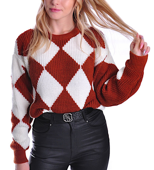 Gruby brązowo biały sweter damski /A6-1 UB435 U1391/