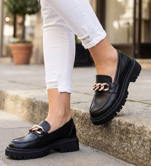 Czarne półbuty mokasyny na platformie /A2-2 12705 T598/