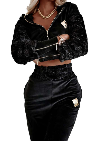 Welurowy czarny dres damski z futerkiem O'LB /H UB685 T227/