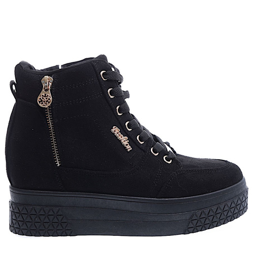 Czarne zamszowe sneakersy na koturnie i platformie /G4-3 15506 T634/