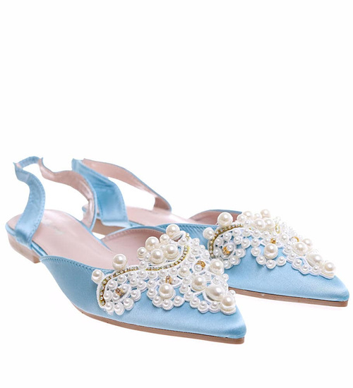 Niebieskie płaskie sandały z perełkami /C7-2 16364 G079/