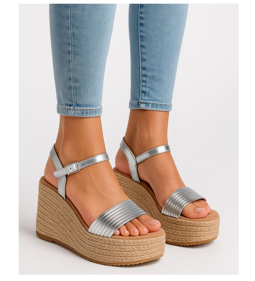 Sandały damskie na koturnie i platformie Srebrne espadryle /A9-1 17868 G187/