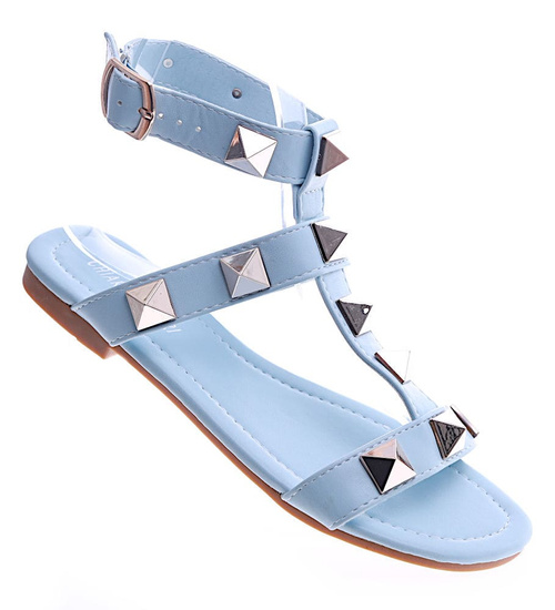 Niebieskie płaskie sandały damskie z piramidkami /F3-3 13495 T191/