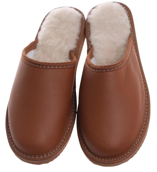 Skórzane brązowe kapcie damskie z wełną /C6-1 12796 S196/