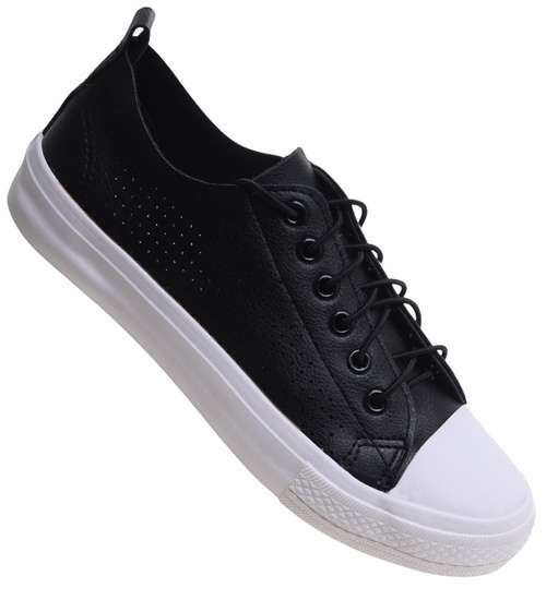 Sznurowane ażurowe czarne trampki damskie /C7-3 12312 S191/