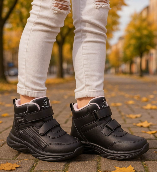 Ocieplane półbuty dziewczęce na rzepy Czarno różowe /E7-2 18360 T285/