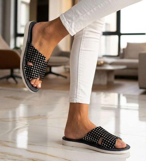 Skórzane domowe klapki kapcie Czarne /G4-1 14975 S194/