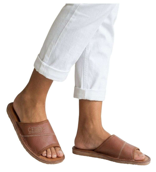 Skórzane otwarte klapki domowe Chief brązowe /G8-1 18685 S199/