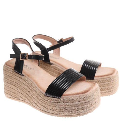 Sandały damskie na koturnie i platformie Czarne espadryle /G9-3 17904 G187/