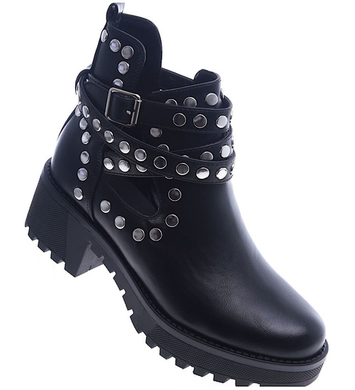 Czarne damskie botki workery z dżetami na platformie /D6-3 15235 T392/