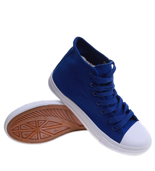 Klasyczne niebiesko białe trampki damskie z wysoką cholewką /G1-1 16734 G9-84/