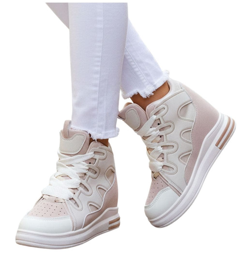 Sznurowane ciemno beżowe trampki sneakersy na niskim koturnie /D8-3 15777 D430/