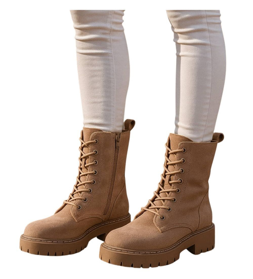 Beżowe wiązane botki workery zamszowe /J4-2 h2 18413 W388/