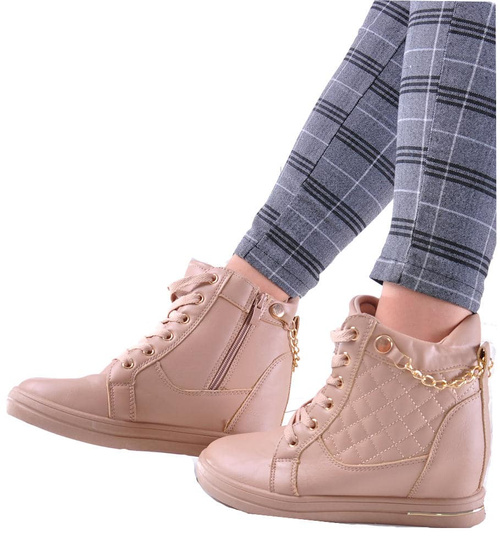 Beżowe sneakersy damskie na koturnie /F8-3 12771 T796/