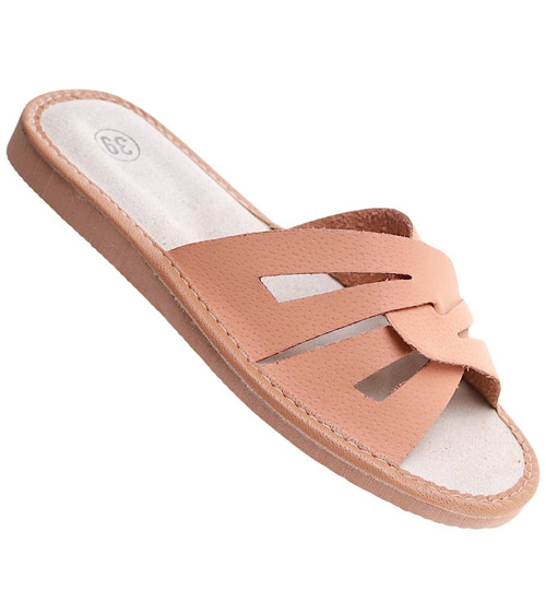 Beżowe klapki damskie z naturalnej skóry /E6-1 8453 S193/