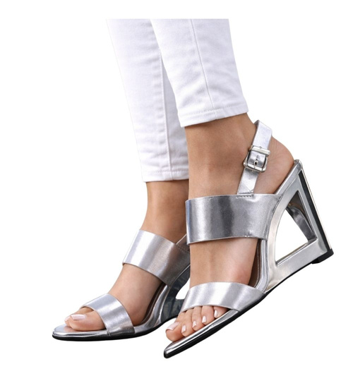 Srebrne damskie sandały na koturnie /G8-1 14144 S190/