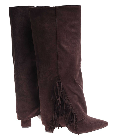 Czekoladowe kozaki boho do kolan na obcasie /F2-118586 G688/