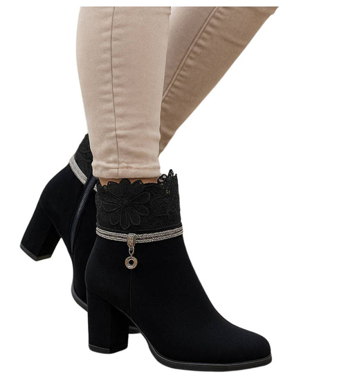 Zimowe czarne botki damskie na obcasie /G12-1 18545 W4/