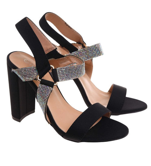 Czarne damskie sandały na słupku z cyrkoniami /B2-1 16084 G18-45/