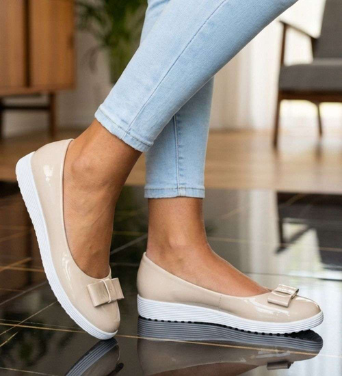 Beżowe balerinki damskie z kokardą /E3-2 15718 T140/