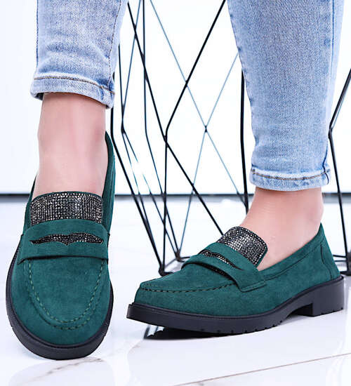 Zielone zamszowe półbuty loafersy na niskim obcasie /D9-2 15484 T386/