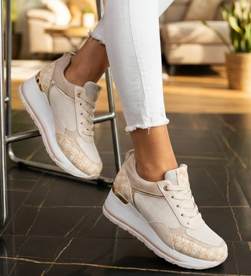 Beżowe trampki sneakersy na niskim koturnie /D1-2 13915 T396/