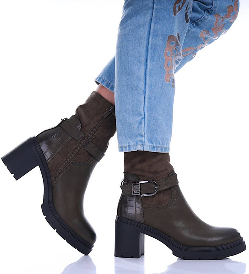 Oliwkowe botki damskie na słupku z ociepleniem /F6-1 17044 G324/