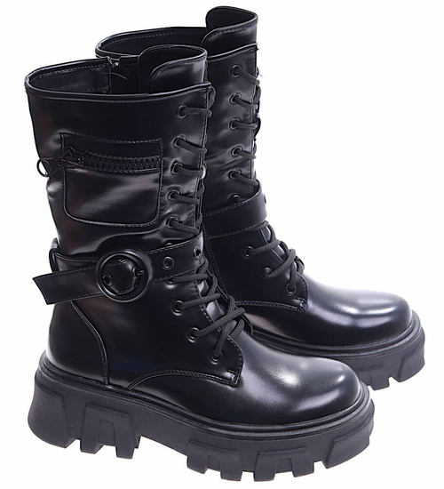 Wiązane glany trapery na platformie Czarne /B3-1 17018 T312/