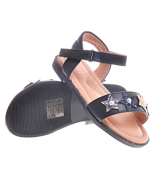 Czarne sandałki na rzep z gwiazdkami /A4-2 11959 T197/