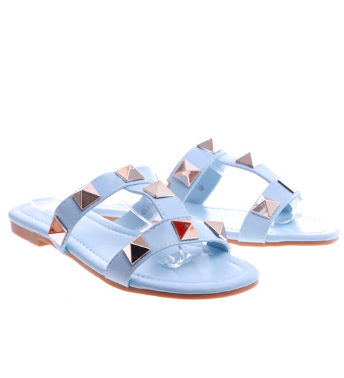 Niebieskie płaskie klapki damskie z piramidkami /C6-2 13556 T191/