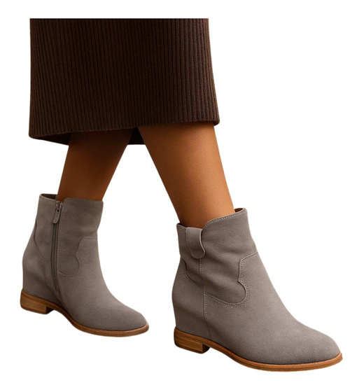 Zamszowe botki damskie na niskim koturnie Szare /D6-3 12260 T296/