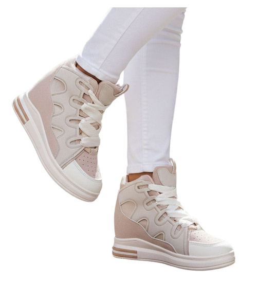 Sznurowane ciemno beżowe trampki sneakersy na niskim koturnie /D8-3 15777 D430/