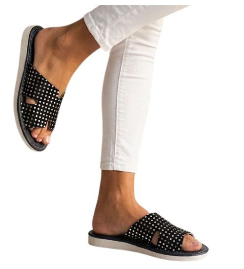 Skórzane domowe klapki kapcie Czarne /G4-1 14975 S194/