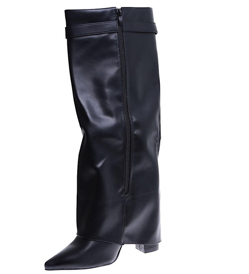 Czarne kozaki damskie na obcasie słupku z suwakiem /A3-2 15238 T937/