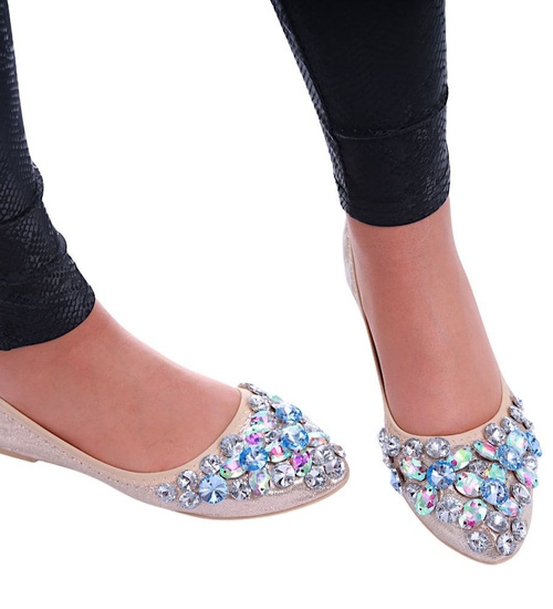 Złote baletki damskie z kamieniami /C7-2 13040T595/