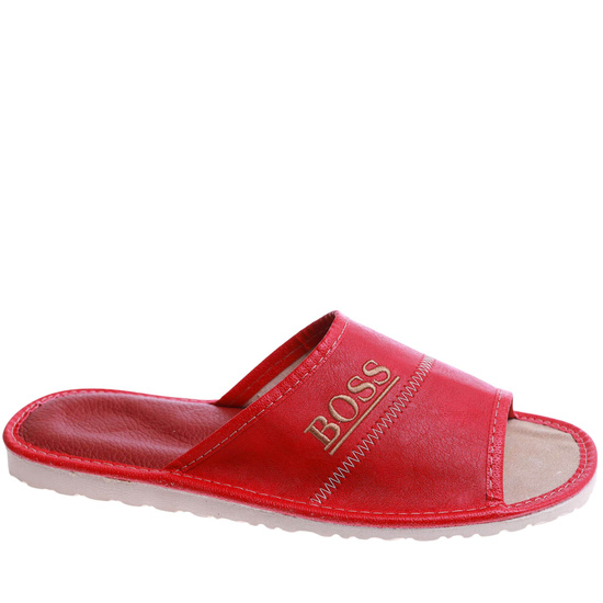 Skórzane męskie klapki domowe BOSS Czerwone /B5-1 17323 S199/