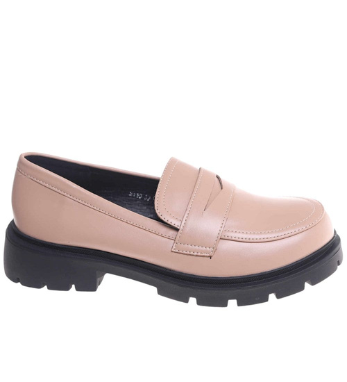 Beżowe półbuty loafersy damskie na platformie /H2 18628 W147/