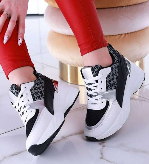 Biało czarne snekersy na koturnie /F2-3 13499 T431/