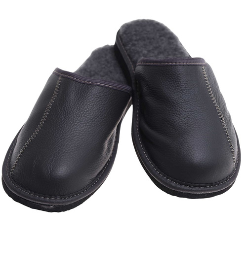 Skórzane kapcie męskie z wełną Szare /D8-1 18467 S197/