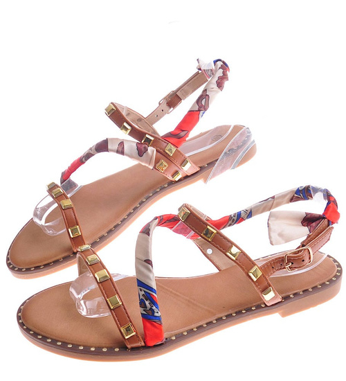 Camelowe sandały damskie na płaskim obcasie /C4-3 12147 T3/