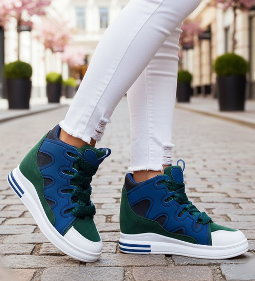 Sznurowane granatowo zielone trampki sneakersy na niskim koturnie /E2-3 15824 D430/