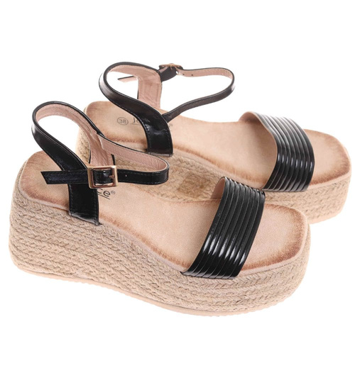 Sandały damskie na koturnie i platformie Czarne espadryle /G9-3 17904 G187/